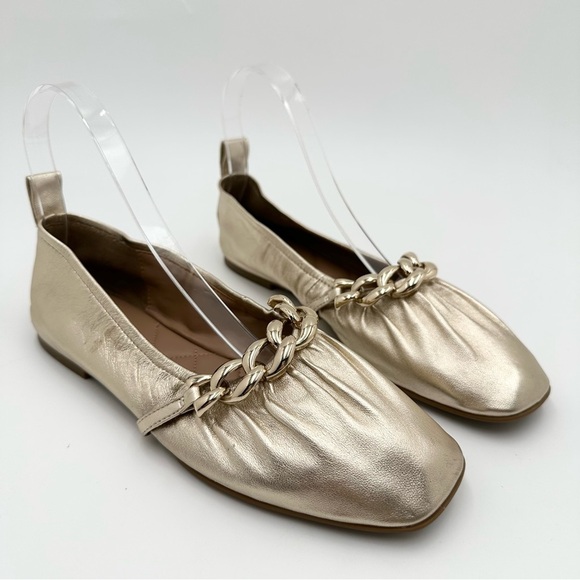Aerosoles Ramen Soft Gold Metallic Leather Ballet Flats Chunky Chain - Picture 1 of 10